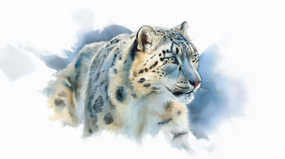 Flat watercolour artwork of the Kids-Mundo snow leopard wall mural design in blue and grey tones.