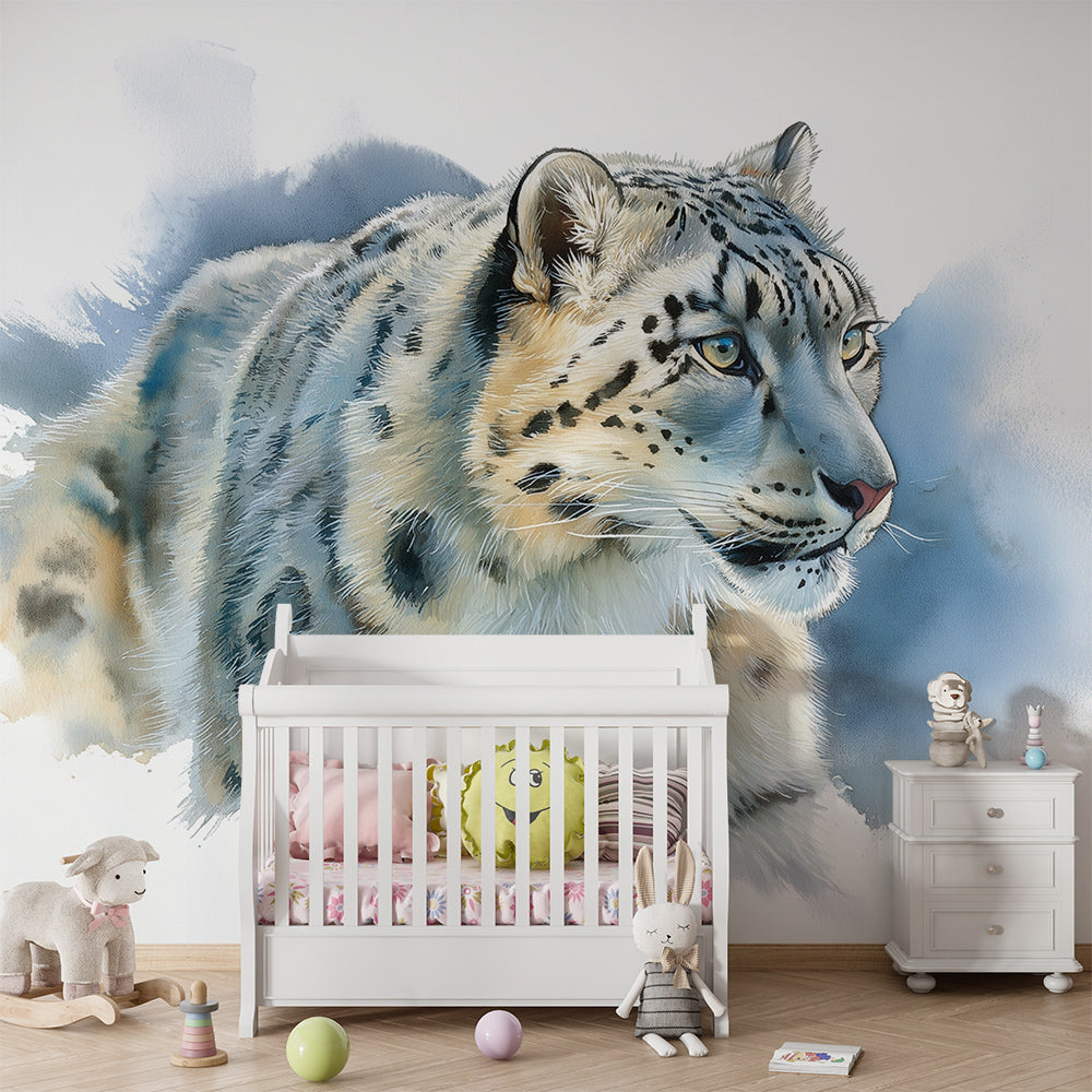 Snow leopard wall mural from Kids-Mundo brightening a playroom wall with icy blue and grey watercolour tones.