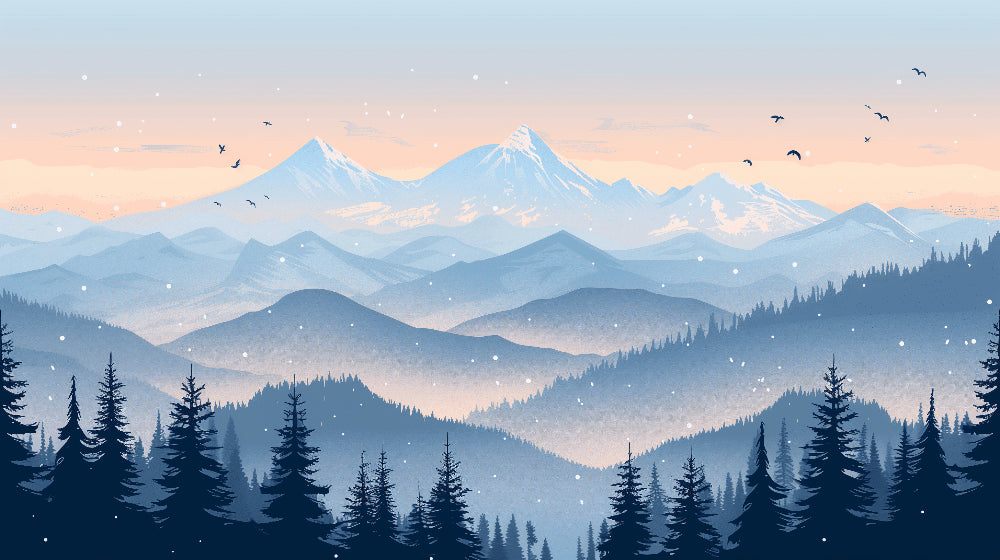 Detailed snow mountain and enchanted forest mural wallpaper design pattern by Kids-Mundo