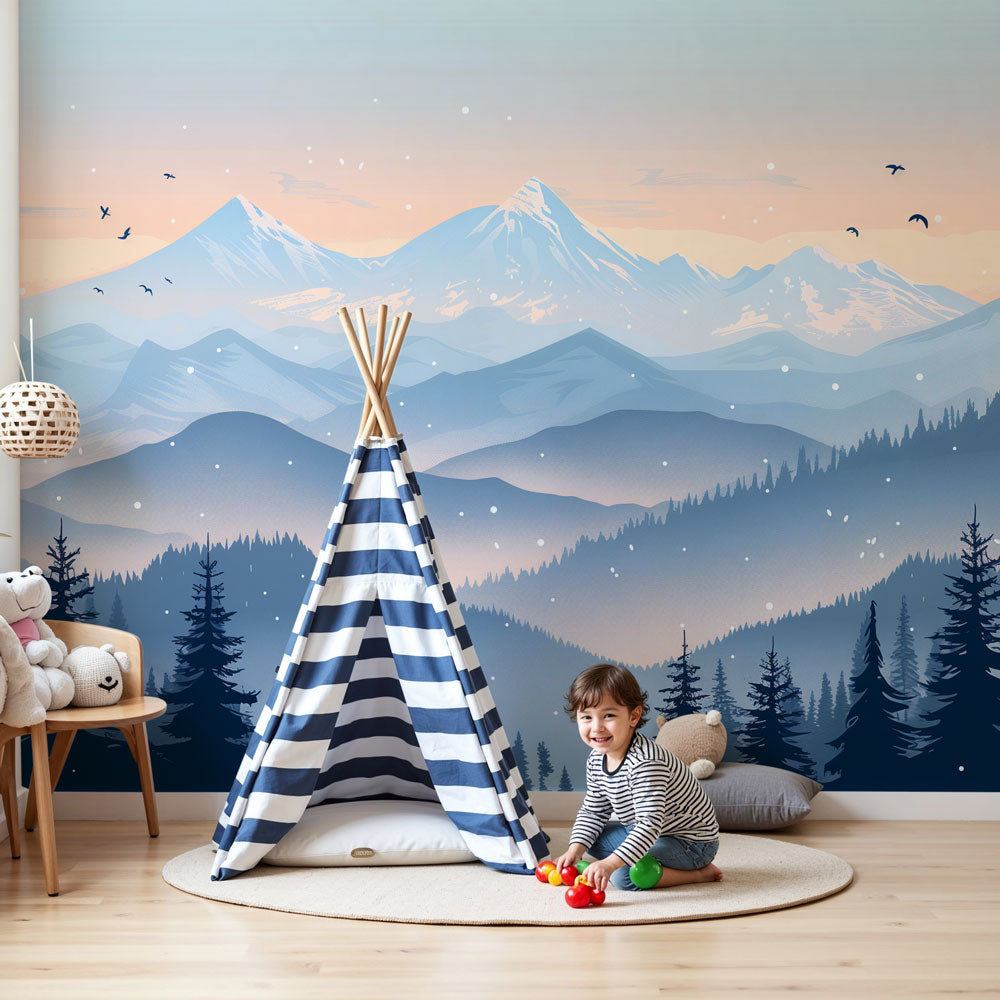 Snow mountain mural wallpaper creating serene nursery with enchanted forest design by Kids-Mundo