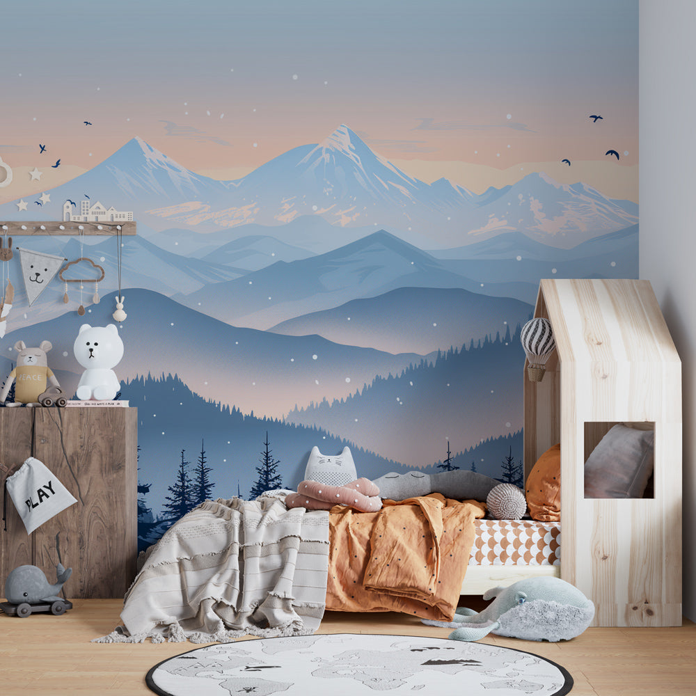 Blue mountain forest mural wallpaper creating magical playroom atmosphere for children