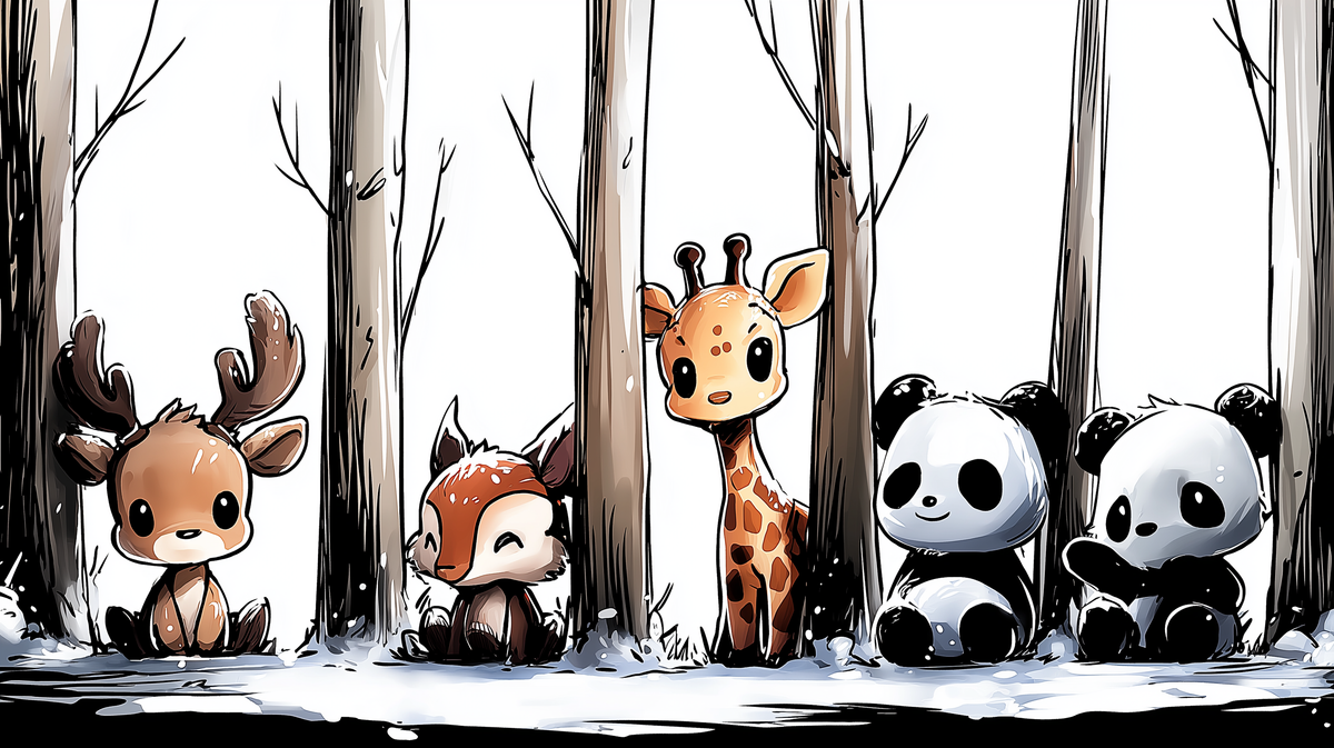 Snowy Forest Friends Deer, Giraffe and Panda Wall Mural