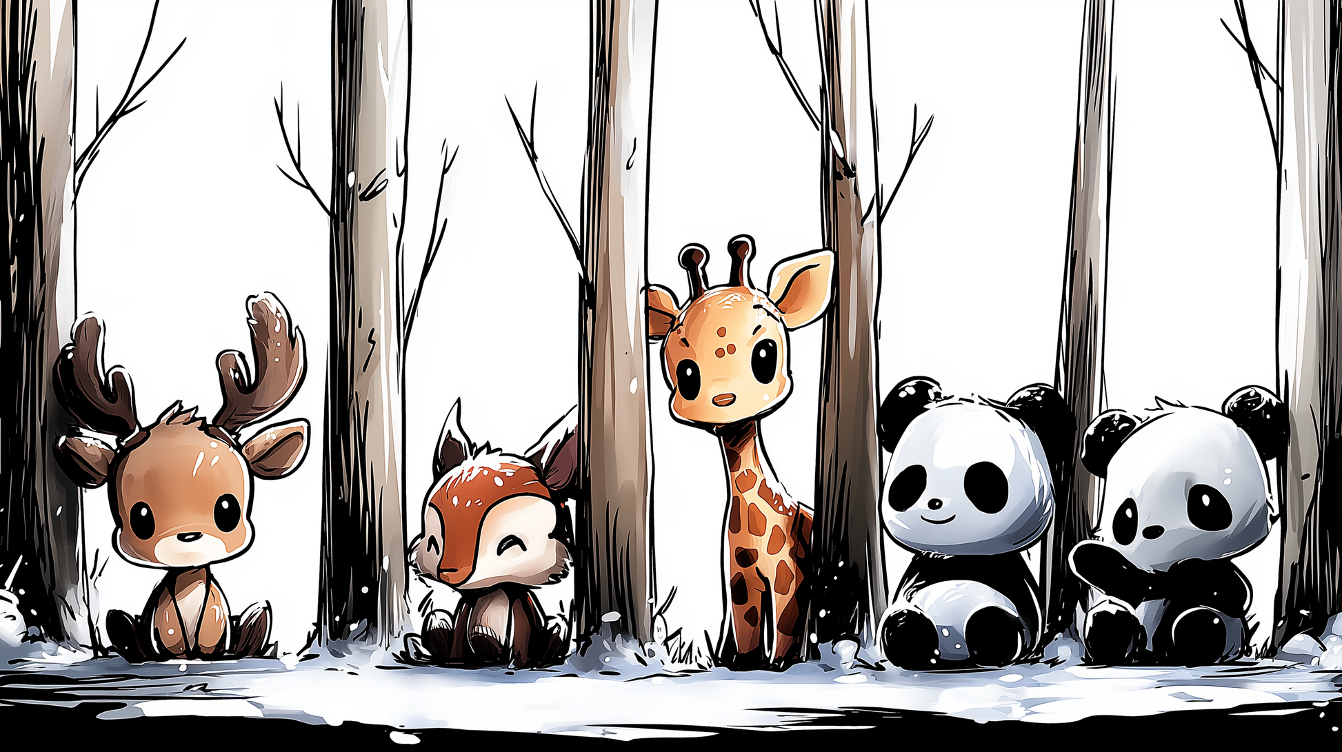 Kids-Mundo flat artwork of snowy forest animals including a deer, giraffe and two pandas