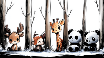 Kids-Mundo flat artwork of snowy forest animals including a deer, giraffe and two pandas