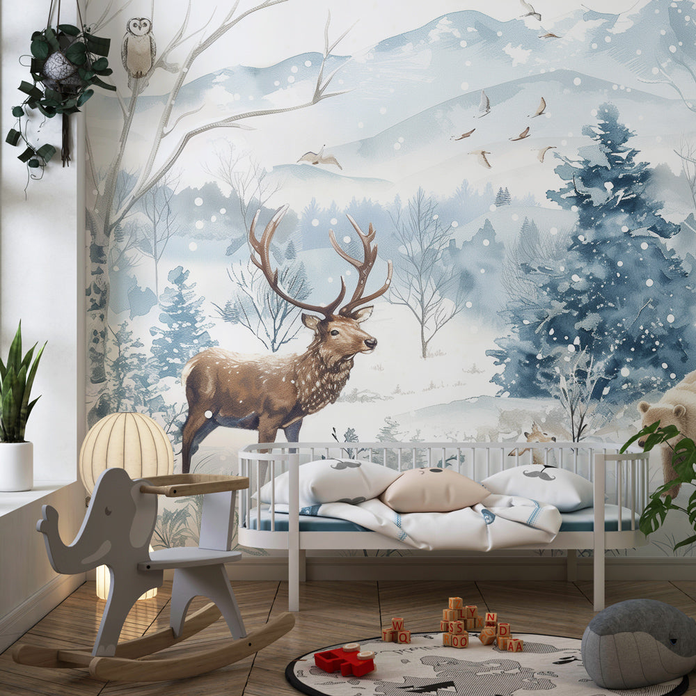 Blue mountain forest mural wallpaper transforming children's bedroom into winter wonderland
