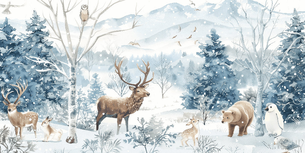 Detailed snowy forest mural wallpaper design pattern with blue mountains by Kids-Mundo