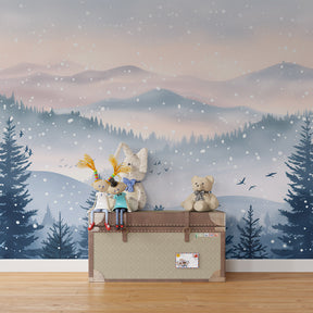 Mountain landscape mural wallpaper transforming children's room into winter wonderland by Kids-Mundo
