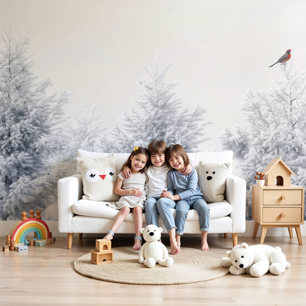 Snowy forest mural wallpaper in modern nursery with winter trees and perched bird by Kids-Mundo