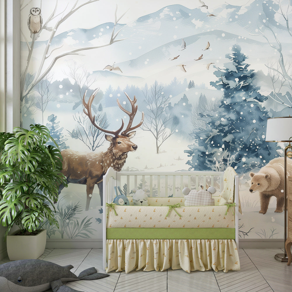 Winter forest wallpaper creating peaceful nursery atmosphere with woodland animals