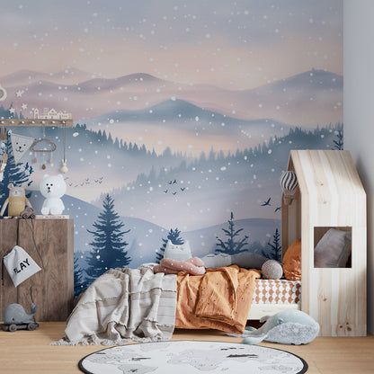 Kids-Mundo snowy forest and mountain wall mural covering a wall in a child's bedroom with a single bed.