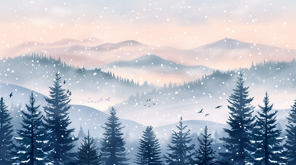 Snowy Pine Forest and Misty Mountains Wall Mural