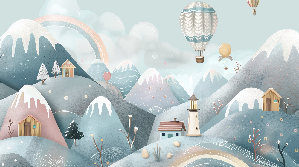 Snowy Mountain Village with Hot Air Balloons Wall Mural
