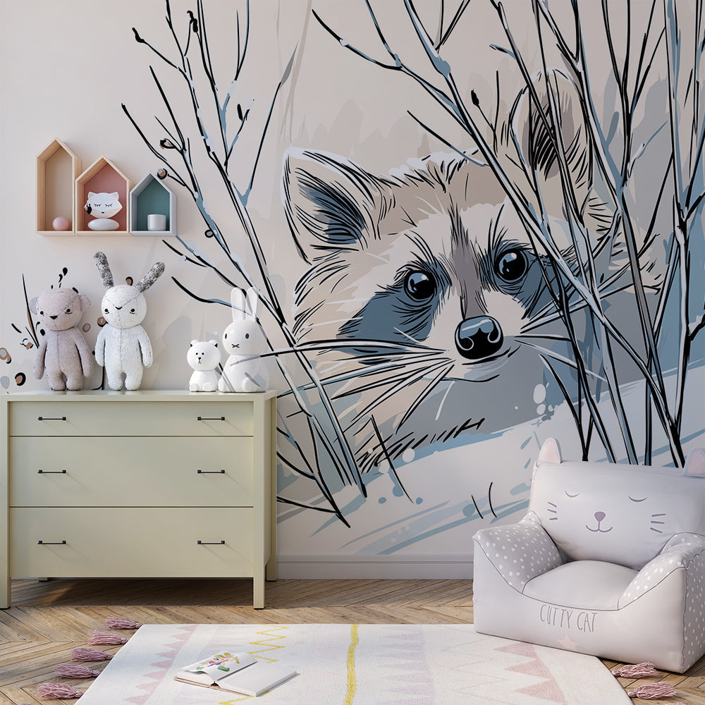 Kids-Mundo snowy raccoon mural bringing a woodland feel to a children's playroom