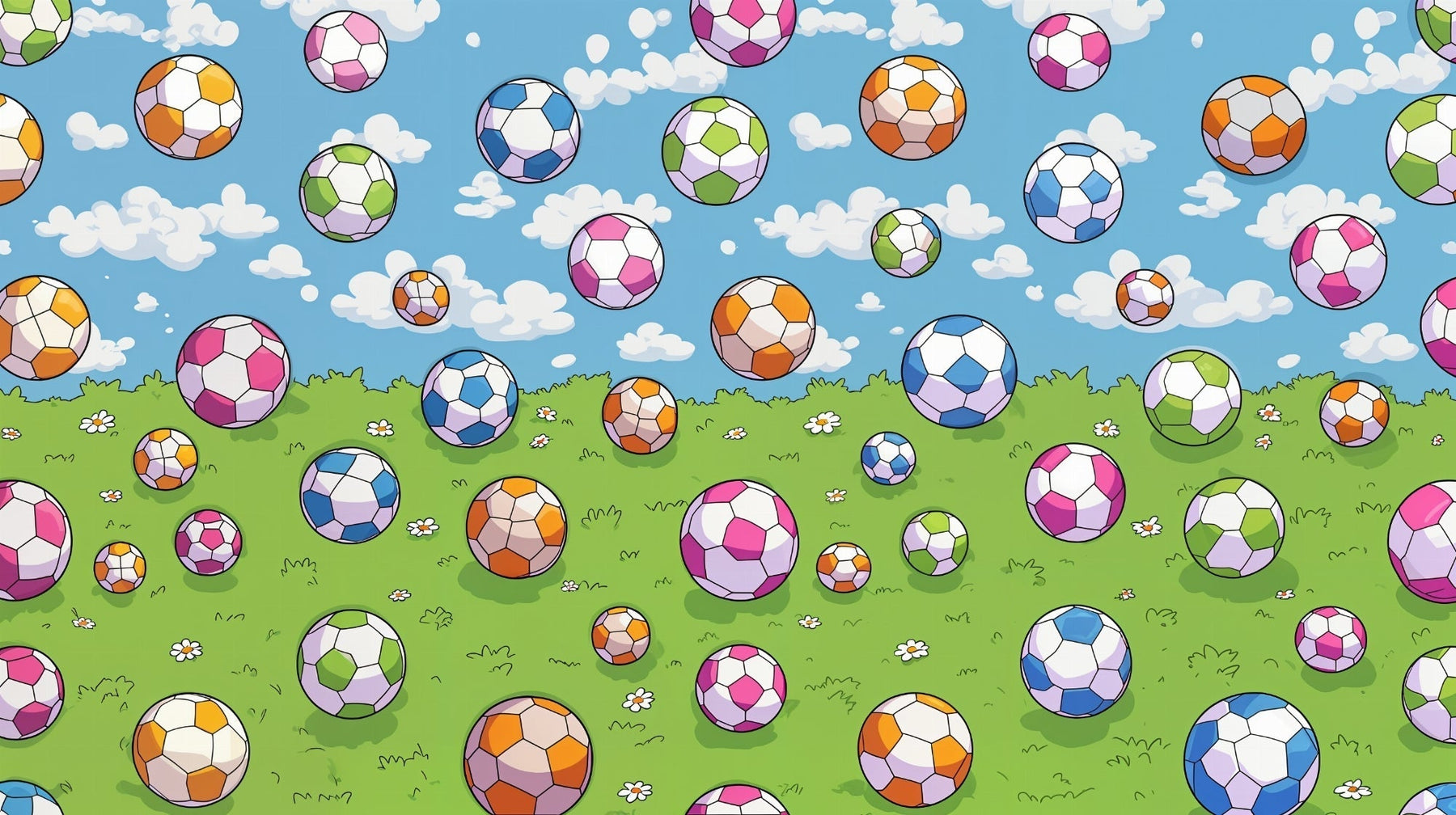 Detailed soccer ball mural wallpaper design pattern showing footballs in blue sky prairie by Kids-Mundo