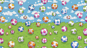 Detailed soccer ball mural wallpaper design pattern showing footballs in blue sky prairie by Kids-Mundo