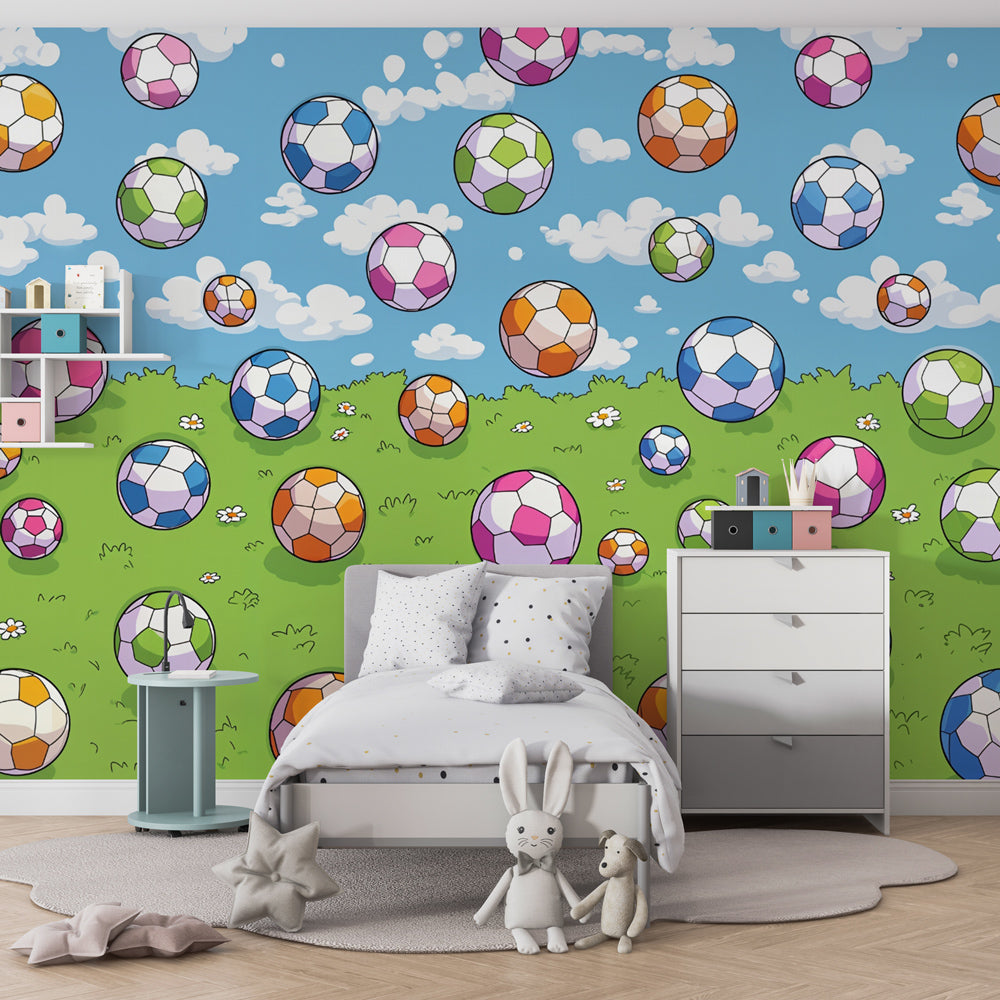 Blue sky soccer ball wallpaper transforming nursery into adventure-themed space by Kids-Mundo