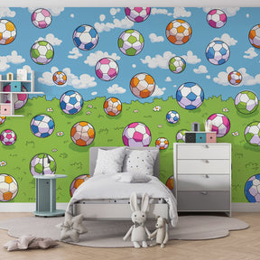 Blue sky soccer ball wallpaper transforming nursery into adventure-themed space by Kids-Mundo