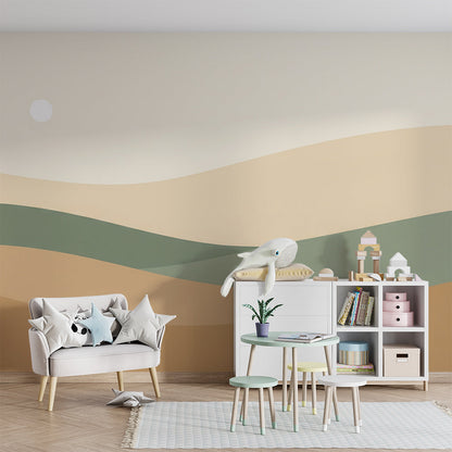 Kids-Mundo muted wave pattern wall mural covering a playroom wall in soft neutral tones