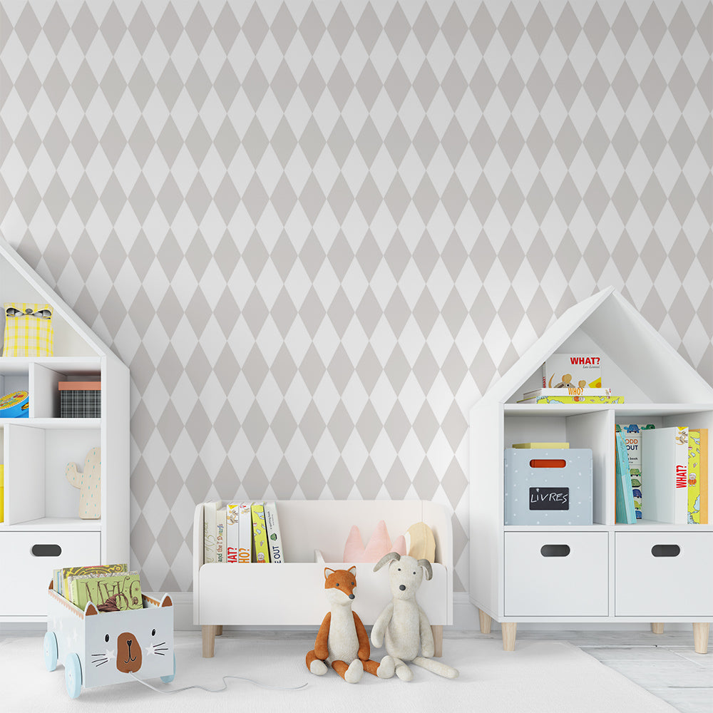 Kids-Mundo beige diamond pattern wall mural on a feature wall in a bright kids bedroom
