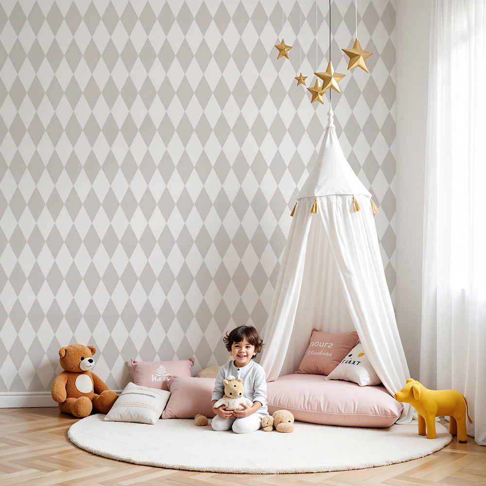 Kids-Mundo soft beige diamond wall mural made to measure and installed in a calm nursery