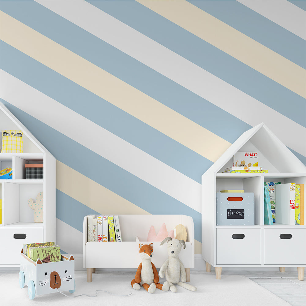 Kids-Mundo pastel striped wall mural styled in a calm, soft-toned kids bedroom
