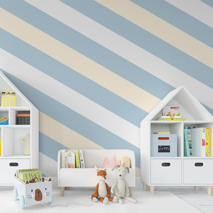Kids-Mundo pastel striped wall mural styled in a calm, soft-toned kids bedroom