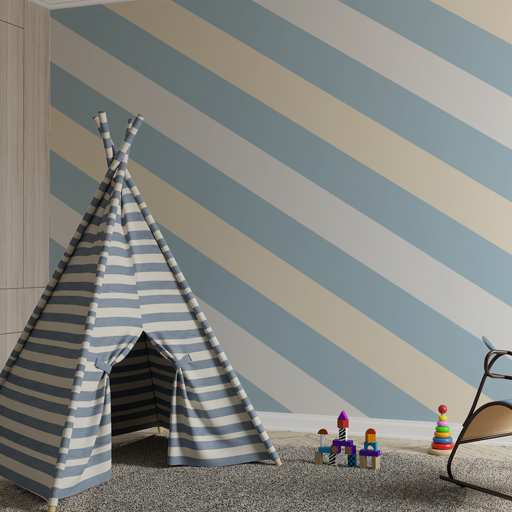 Kids-Mundo blue striped wall mural adding gentle pattern to a bright playroom