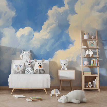 Kids-Mundo blue sky cloud wallpaper mural in a children's bedroom, creating a calm feature wall.