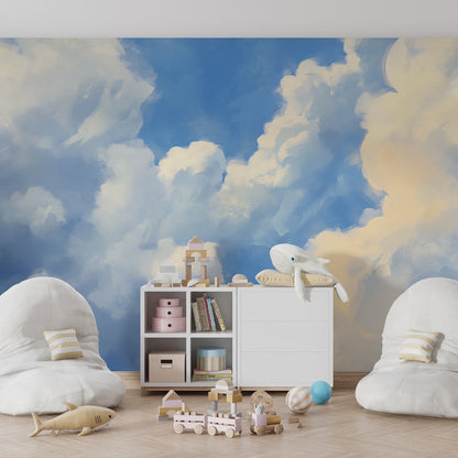 Kids-Mundo cloud sky wall mural bringing calm, airy colour to a bright children's playroom.