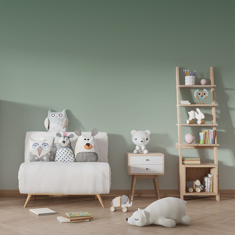 Kids-Mundo soft green ombre wall mural featured in a bright, calm children's playroom