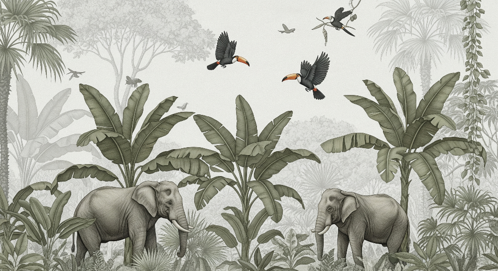 Kids-Mundo flat artwork of a soft grey elephant and toucan jungle mural