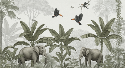 Kids-Mundo flat artwork of a soft grey elephant and toucan jungle mural