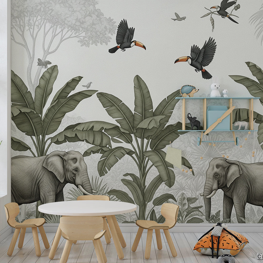 Kids-Mundo grey-toned elephant and toucan wall mural shown in a playroom
