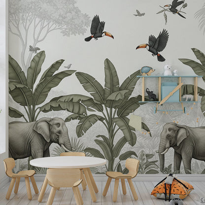 Kids-Mundo grey-toned elephant and toucan wall mural shown in a playroom