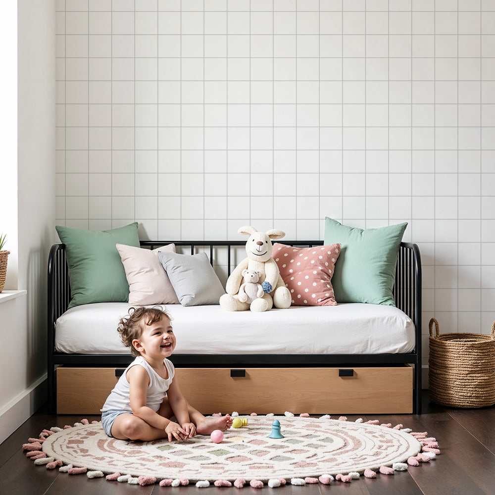 Kids-Mundo soft grey grid wall mural made to measure and installed in a calm nursery corner