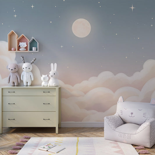 Kids-Mundo moon and cloud wall mural featured in a peaceful children's bedroom