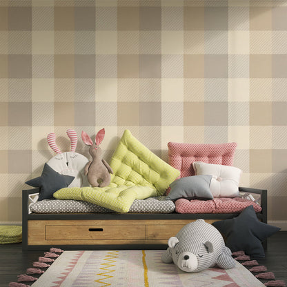 Kids-Mundo neutral check wall mural creating a warm backdrop in a bright playroom