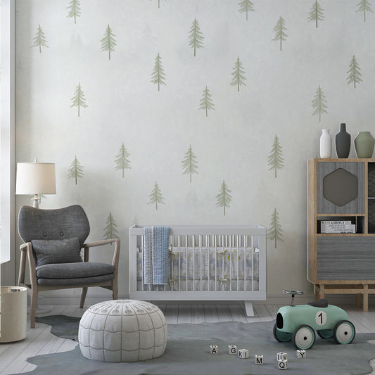 Kids-Mundo delicate pine tree mural covering a feature wall in a kids bedroom