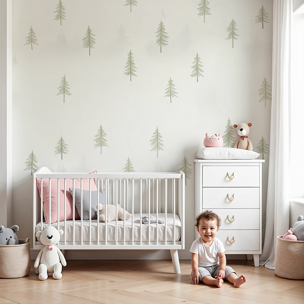 Kids-Mundo soft pine forest pattern wall mural styled above a cot in a nursery
