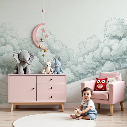 Kids-Mundo sage green forest wall mural behind a cot in a soft, dreamy nursery
