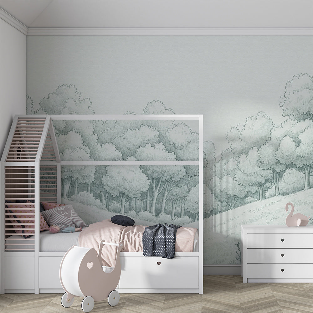 Kids-Mundo sage forest meadow wall mural creating a gentle scene in a children's playroom