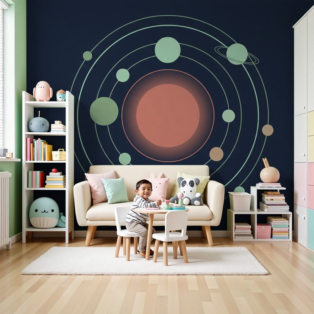 Solar system mural wallpaper creating educational space theme in modern kids nursery by Kids-Mundo