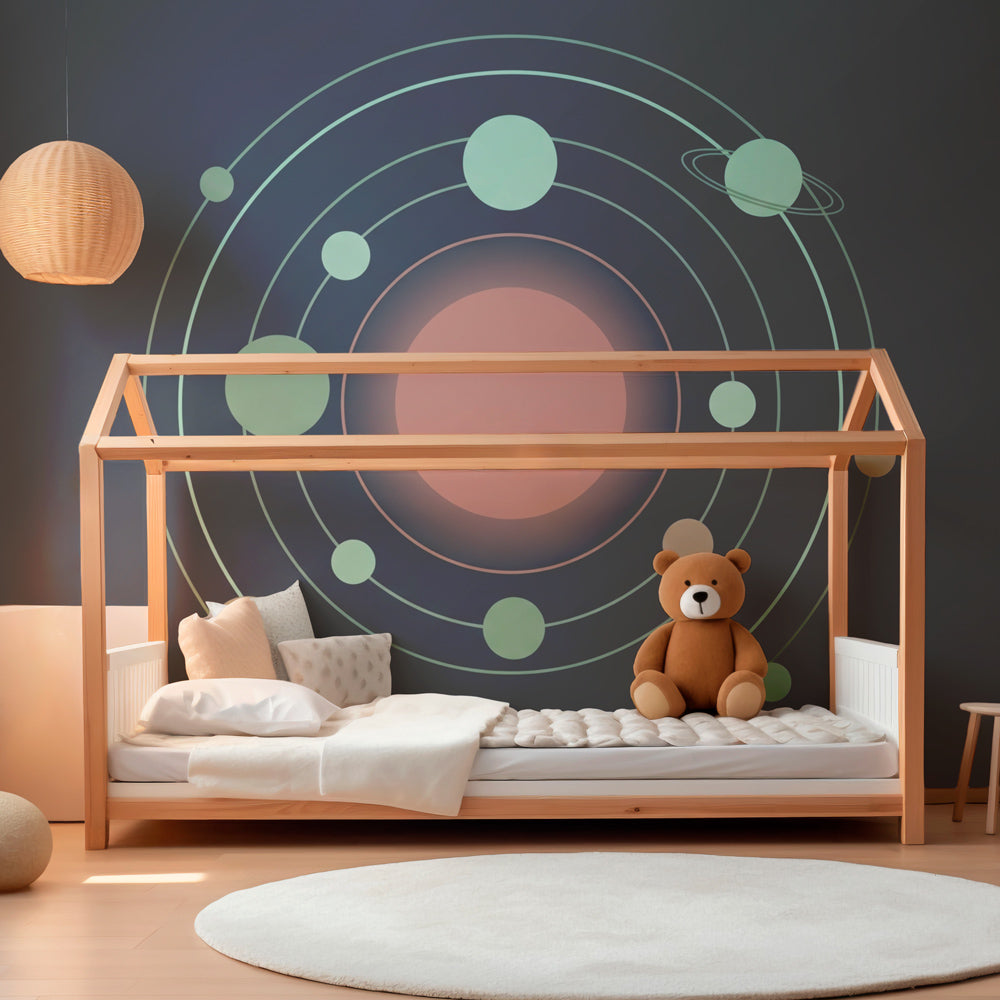 Planetary mural wallpaper inspiring cosmic learning in bright kids playroom setting
