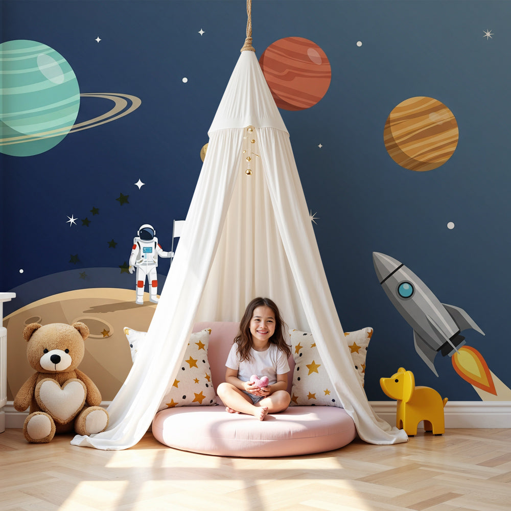 Space adventure mural wallpaper with astronaut and planets in modern kids bedroom by Kids-Mundo