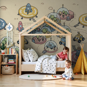 Space adventure mural wallpaper with colorful spaceships in modern kids bedroom by Kids-Mundo