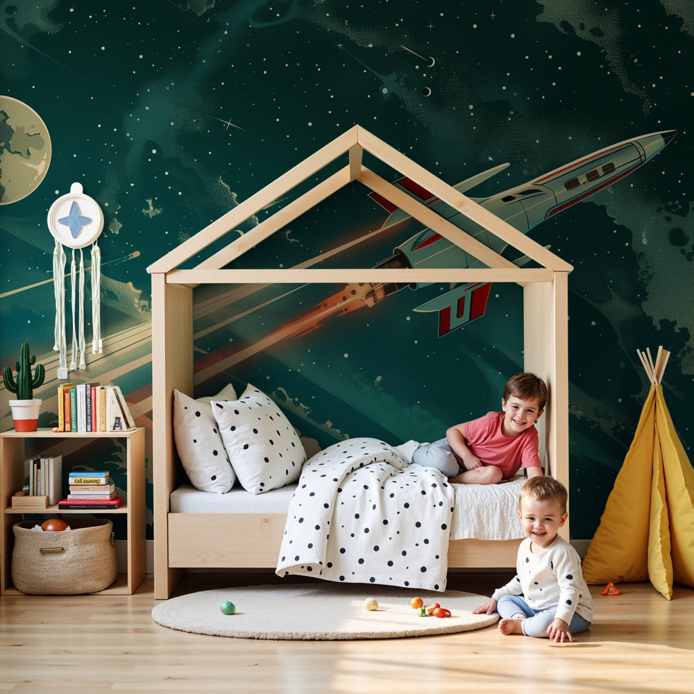 Retro space adventure mural wallpaper with rockets and cosmos in modern kids bedroom by Kids-Mundo