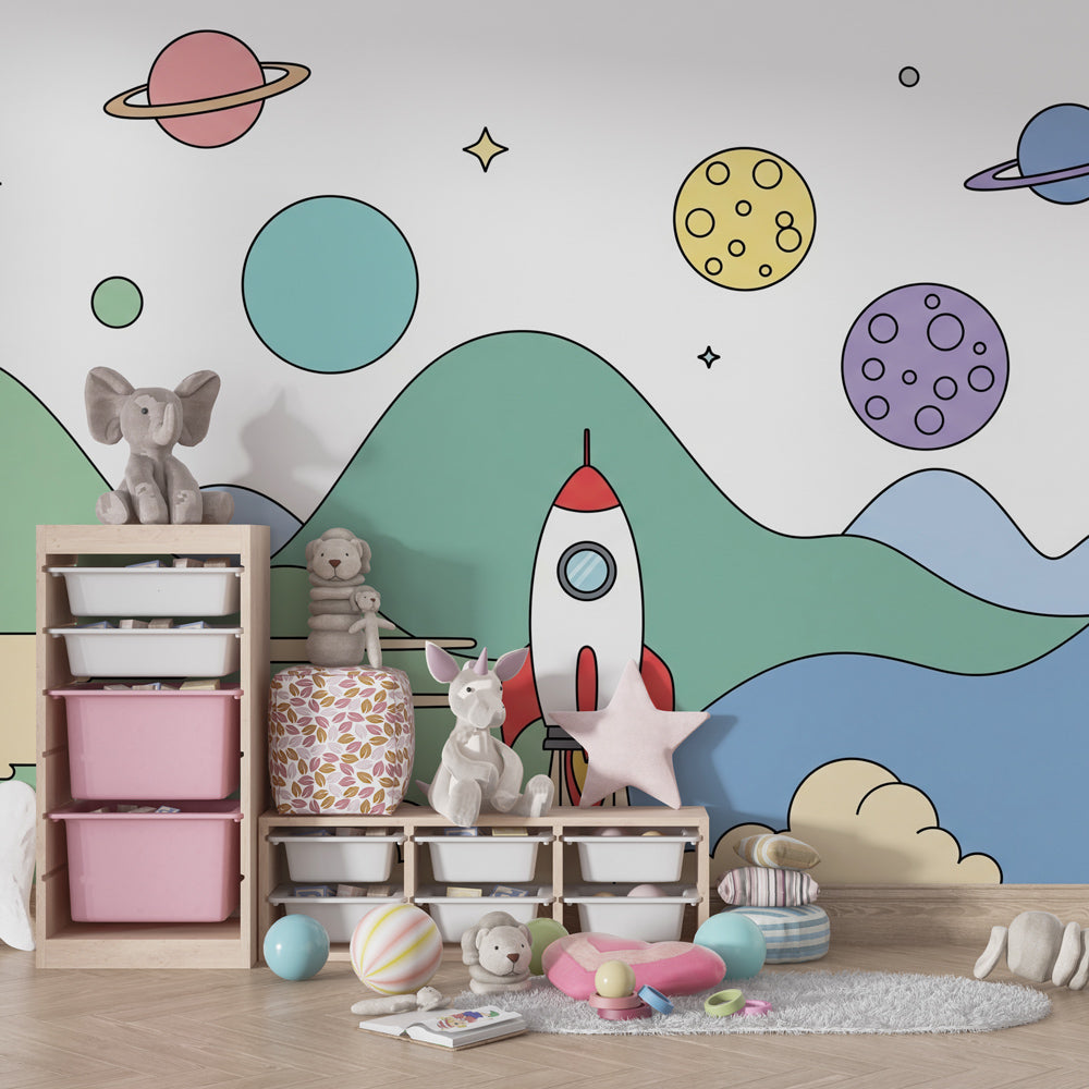 Rocket ship mural wallpaper creating cosmic themed kids bedroom with colorful mountains