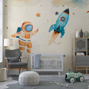Dreamy space themed wallpaper creating cosmic kids bedroom decor with beige tones