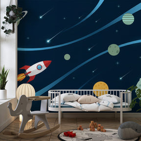 Astronaut rocket mural wallpaper creating cosmic atmosphere in children's bedroom