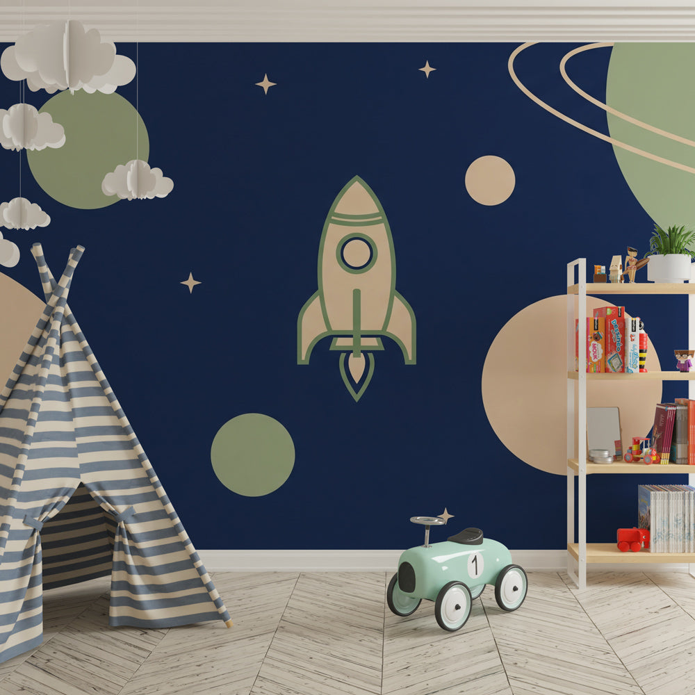 Cosmic rocket wallpaper creating magical space-themed children's bedroom decor
